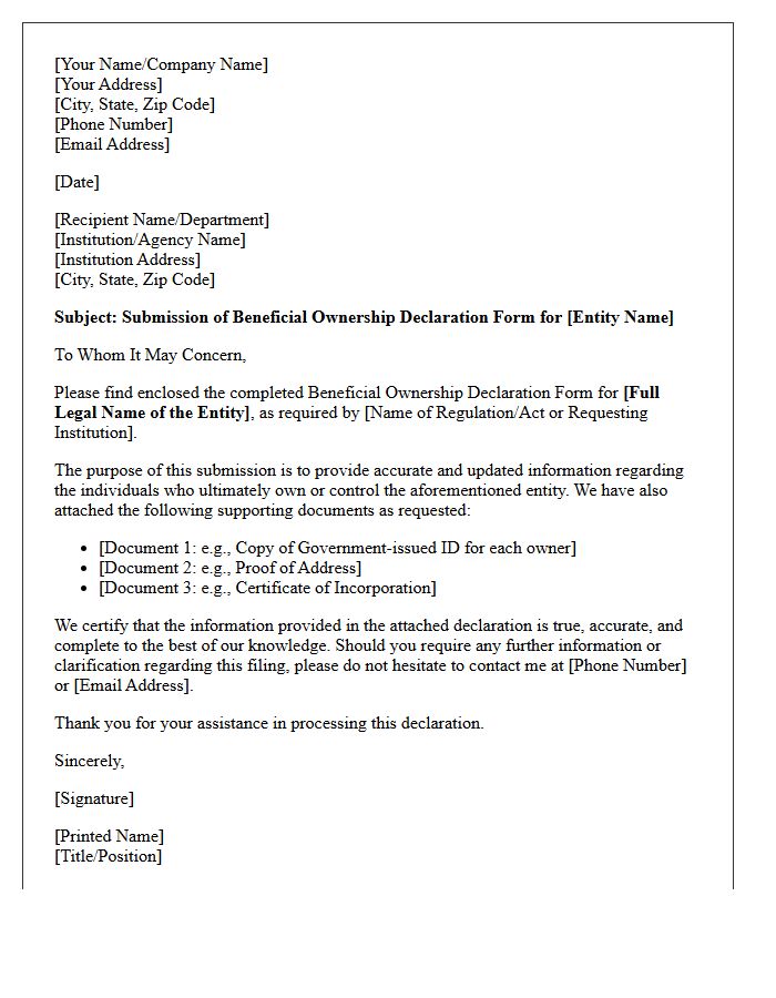 Cover Letter for Beneficial Ownership Declaration Form
