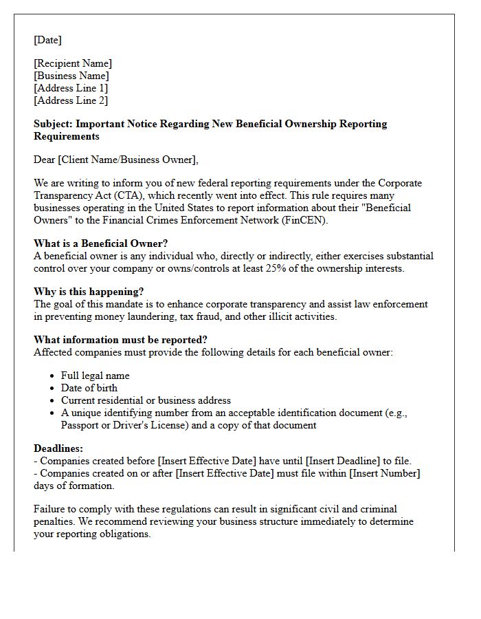 Initial Notification Letter for Beneficial Ownership Rule Implementation