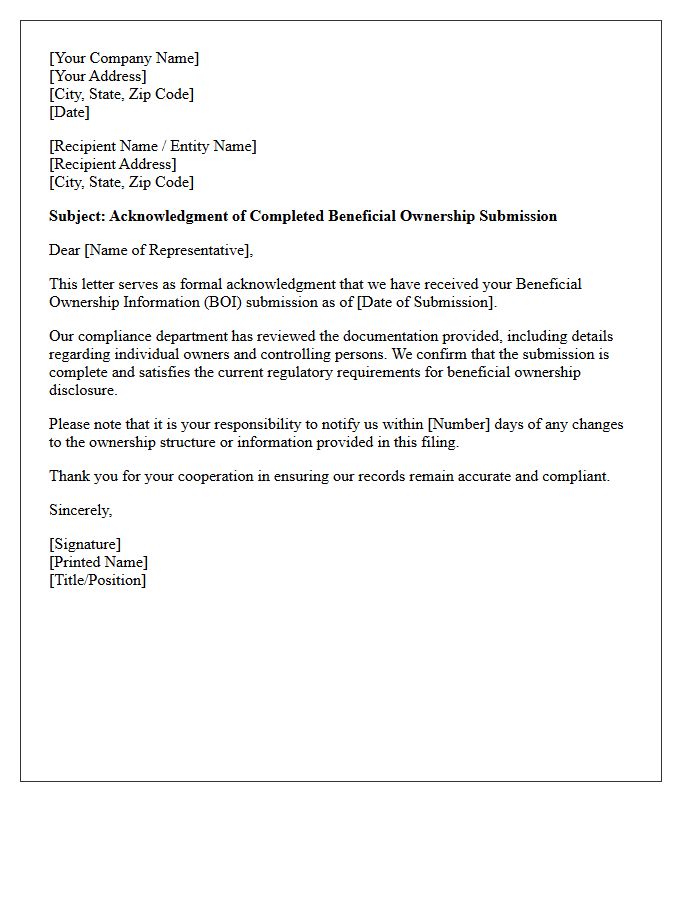 Letter of Acknowledgment for Completed Beneficial Ownership Submission