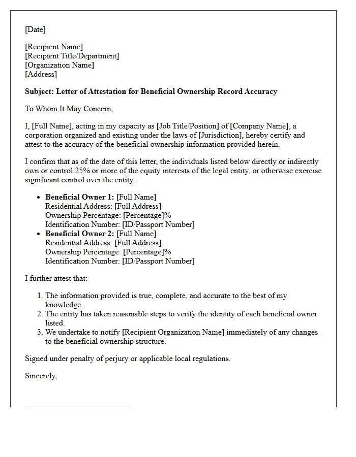 Letter of Attestation for Beneficial Ownership Record Accuracy