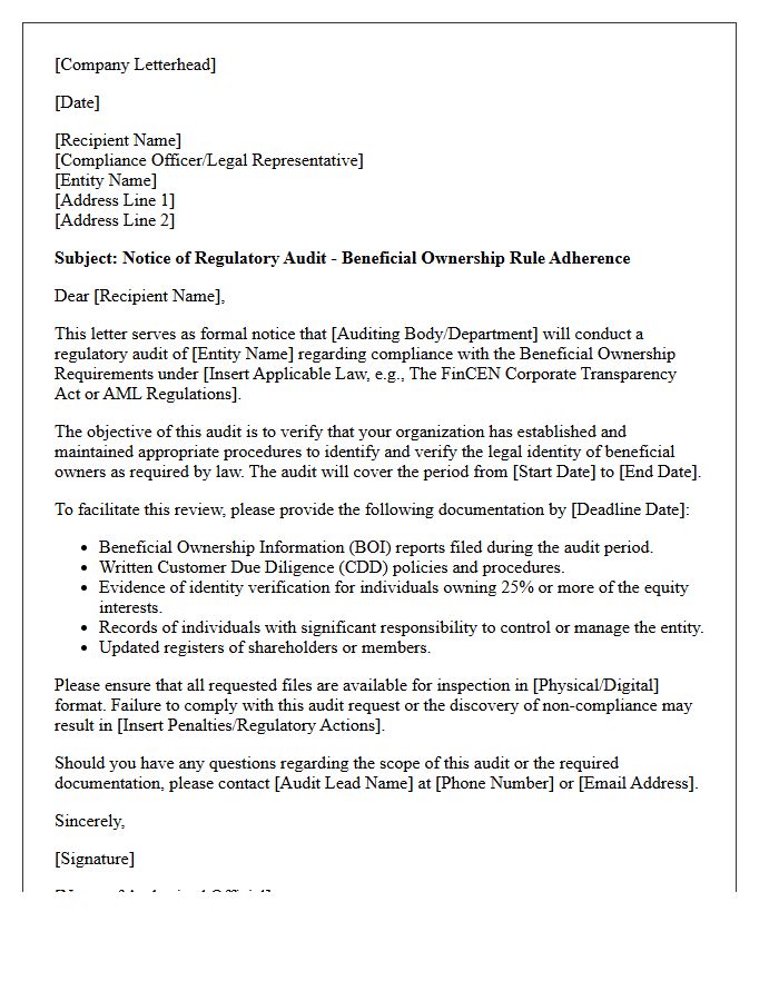 Regulatory Audit Letter for Beneficial Ownership Rule Adherence
