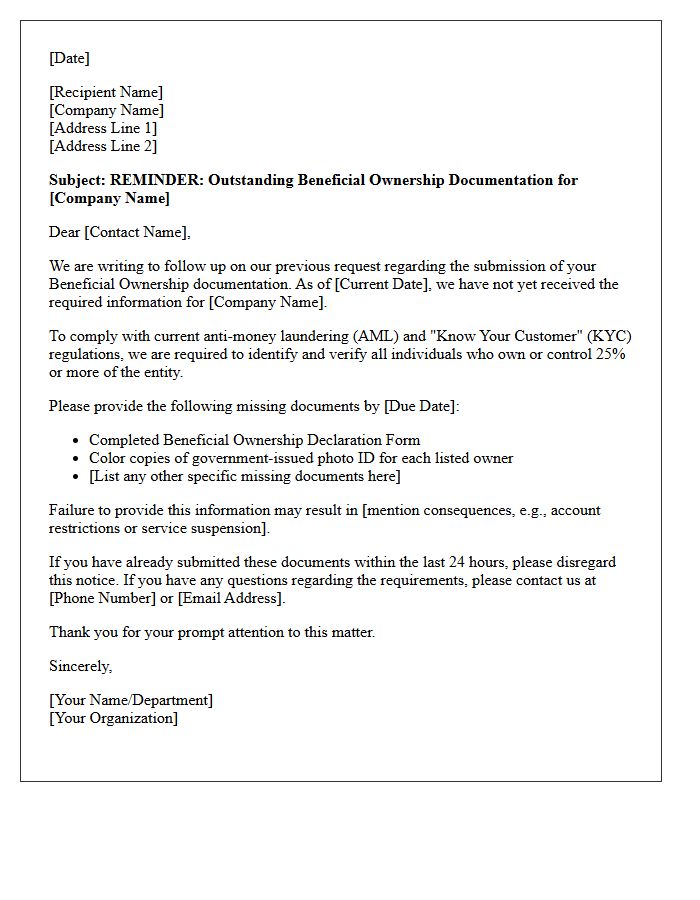 Reminder Letter for Missing Beneficial Ownership Documentation