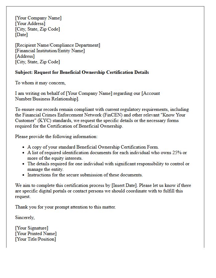 Request Letter for Beneficial Ownership Certification Details