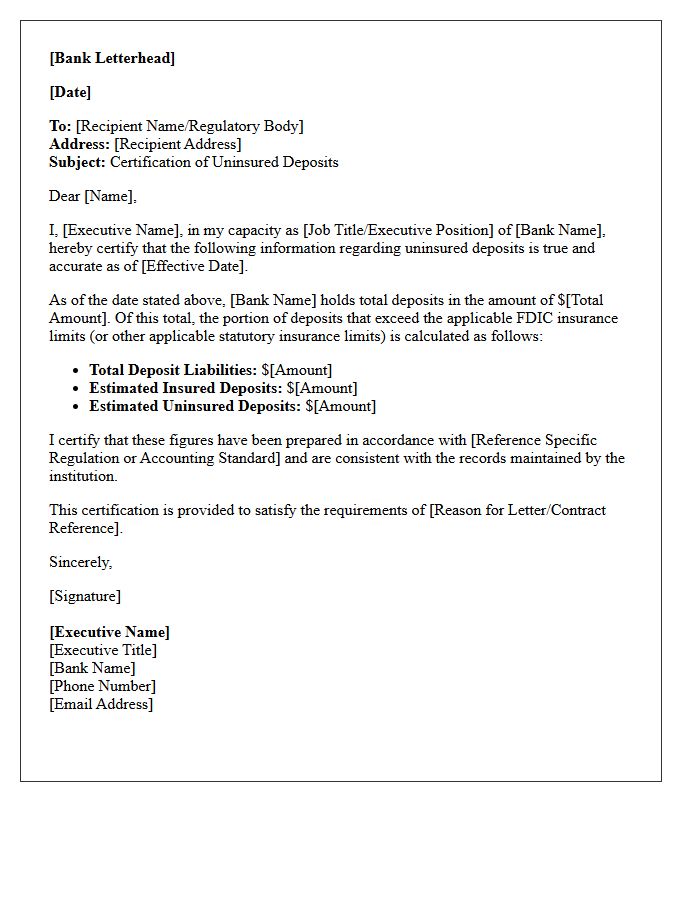 Bank Executive Certification Letter for Uninsured Deposits