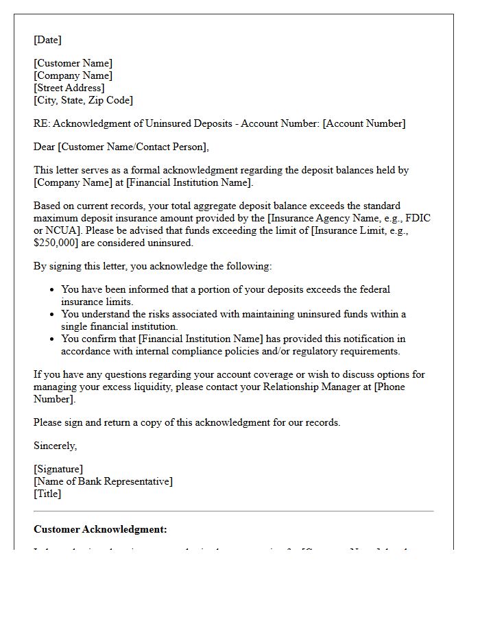 Commercial Account Uninsured Deposit Acknowledgment Letter