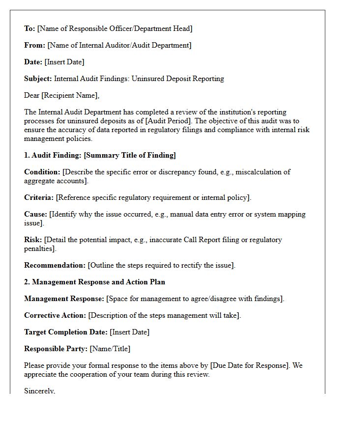 Internal Audit Findings Letter on Uninsured Deposit Reporting