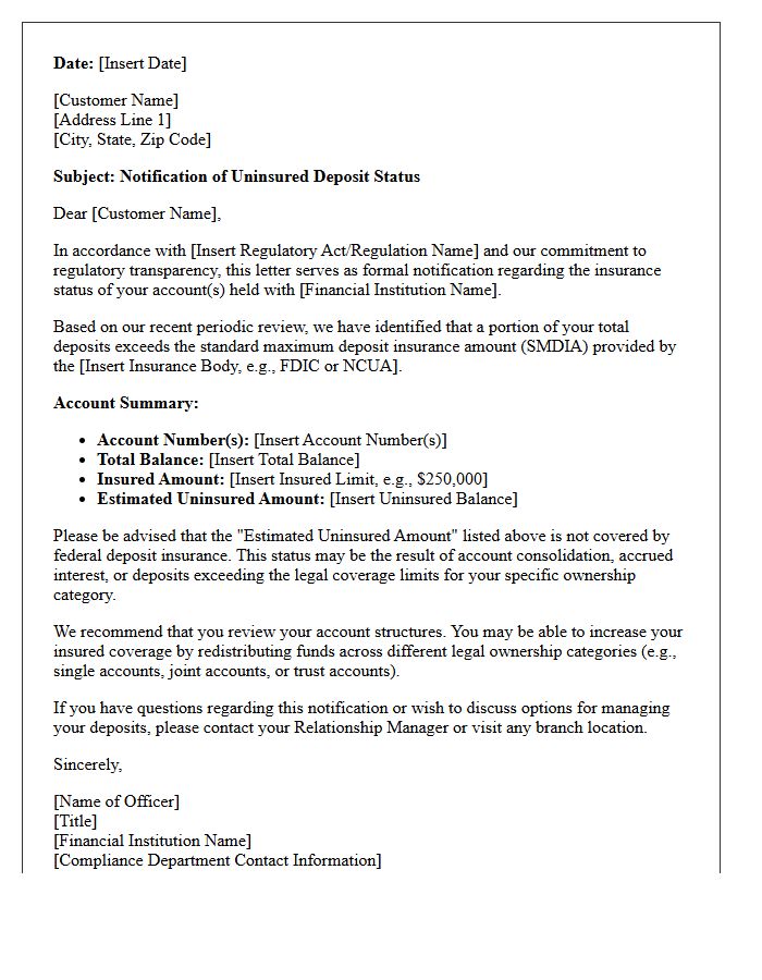 Regulatory Compliance Letter for Uninsured Deposits