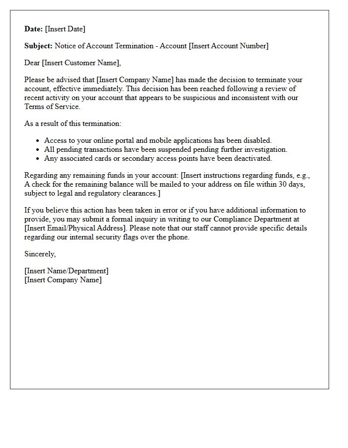 Account Termination Protocol Letter Following Suspicious Activity