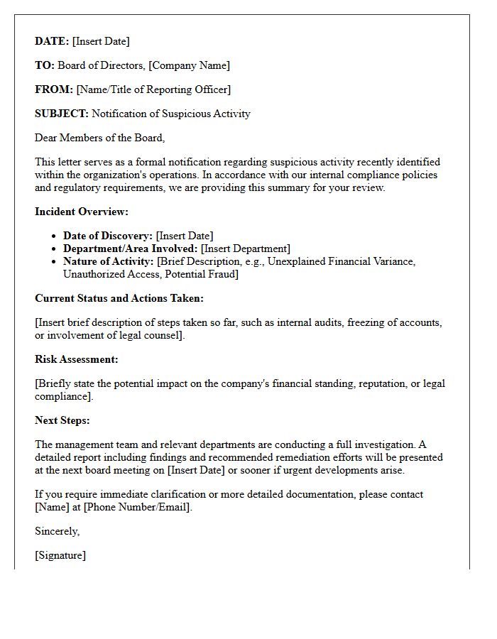 Board of Directors Notification Letter for Suspicious Activity
