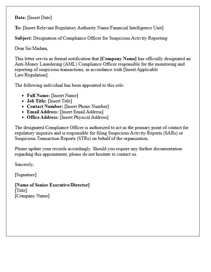 Compliance Officer Designation Letter for Suspicious Reporting