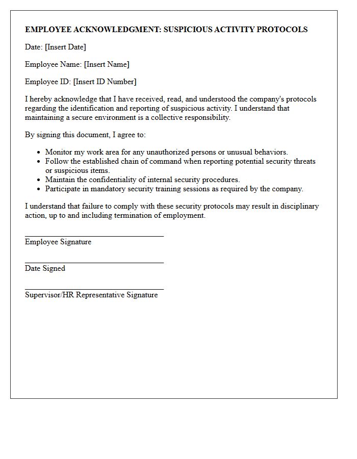 Employee Acknowledgment Letter for Suspicious Activity Protocols
