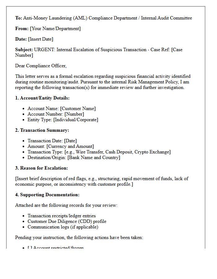 Internal Escalation Protocol Letter for Suspicious Transactions