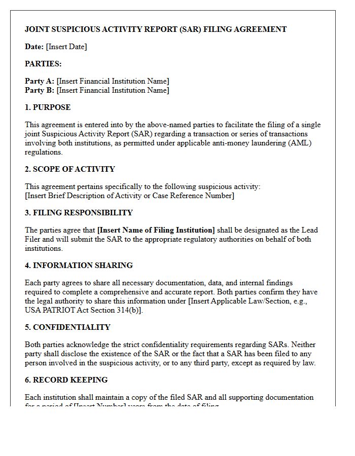 Joint Suspicious Activity Report Filing Agreement Letter