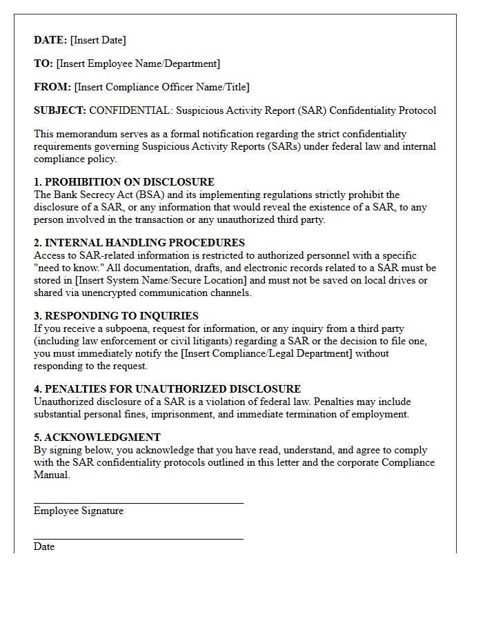 Suspicious Activity Report Confidentiality Protocol Letter