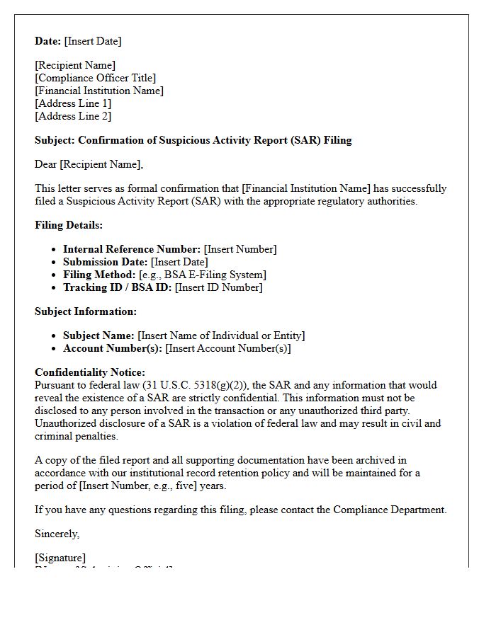 Suspicious Activity Report Filing Confirmation Letter