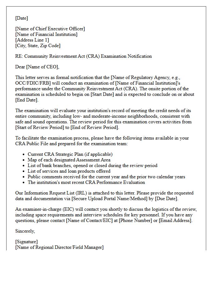 Community Reinvestment Act Examination Notification Letter