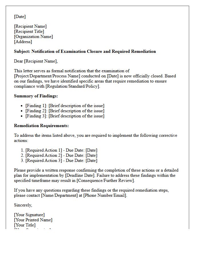 Examination Closure and Remediation Letter