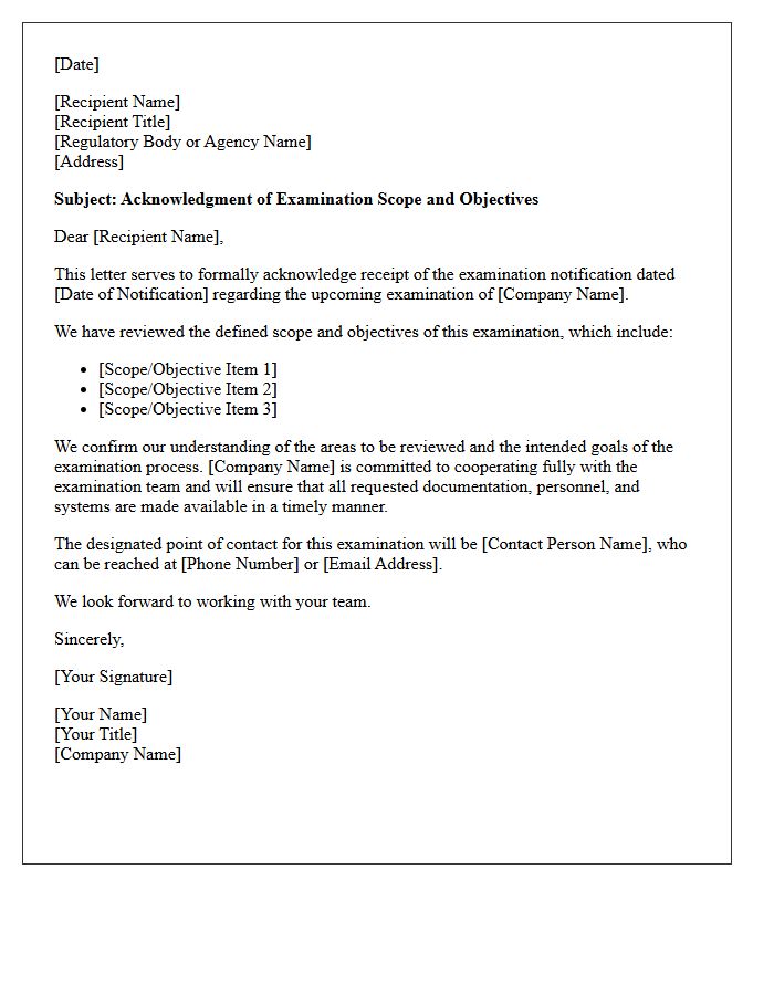 Examination Scope and Objective Acknowledgment Letter