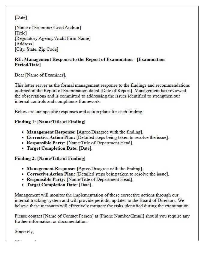 Management Response to Examination Findings Letter
