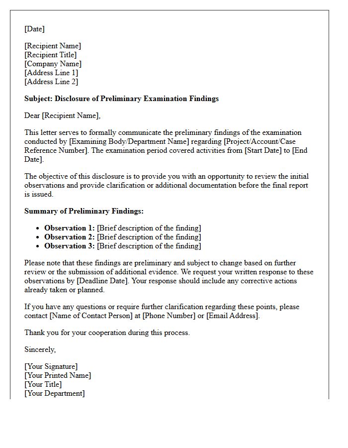 Preliminary Examination Findings Disclosure Letter