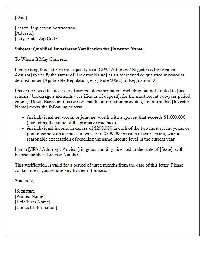 Qualified Investment Verification Letter