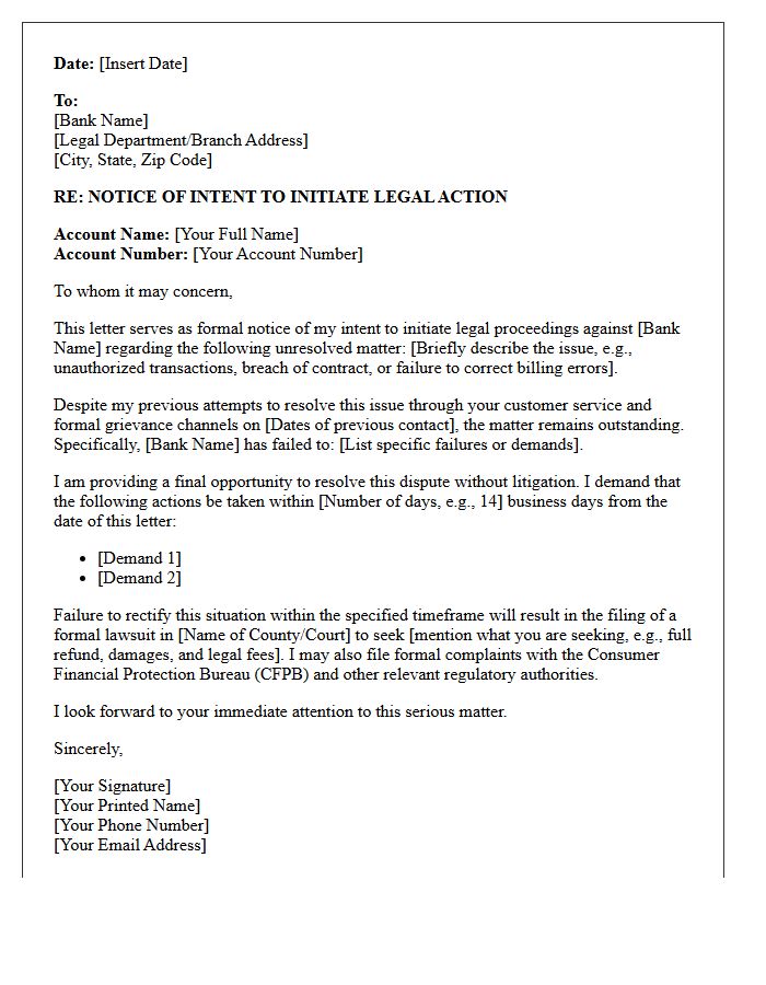 Bank Legal Action Intent Letter