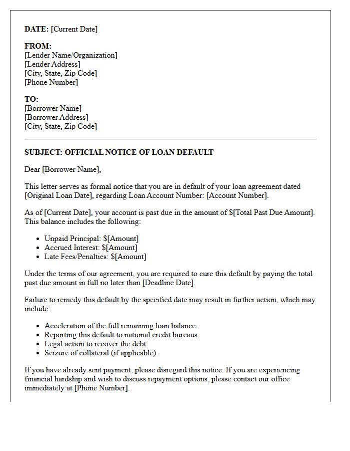 Official Notice Of Loan Default Letter