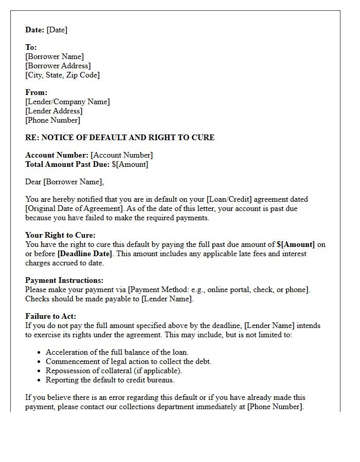 Right To Cure Account Default Letter