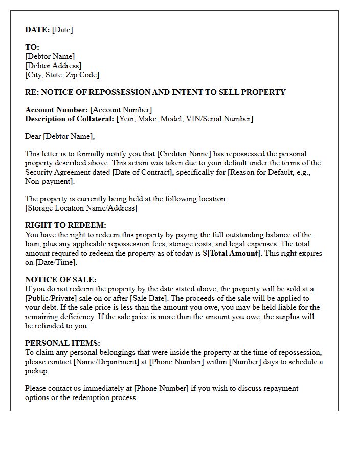 Secured Asset Repossession Letter