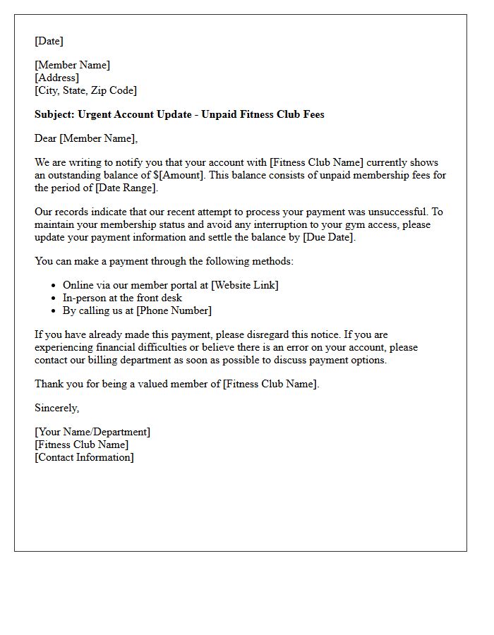 Account Update Letter for Unpaid Fitness Club Fees