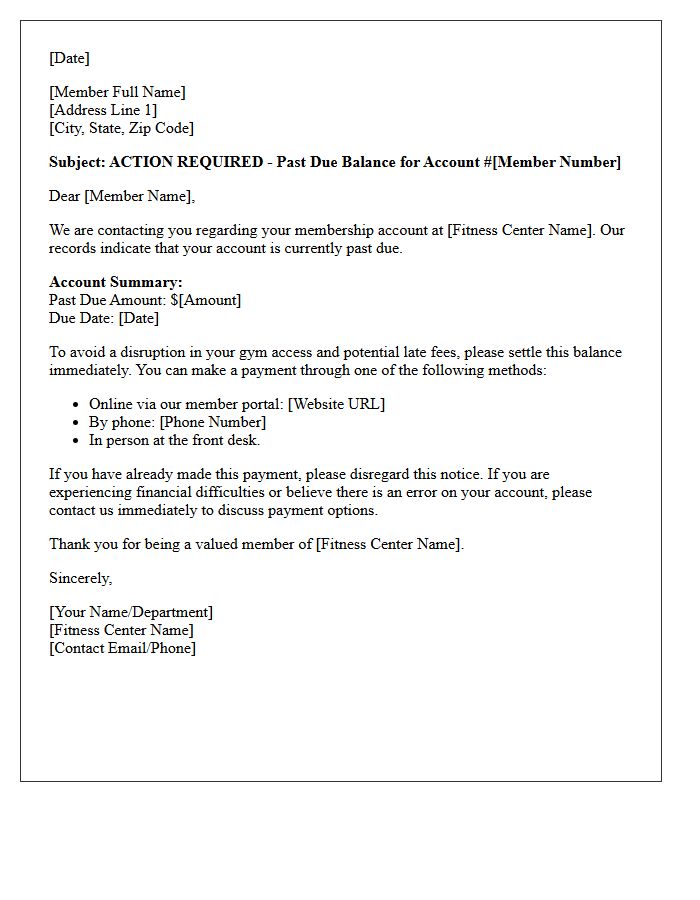 Action Required Letter for Past Due Fitness Center Account