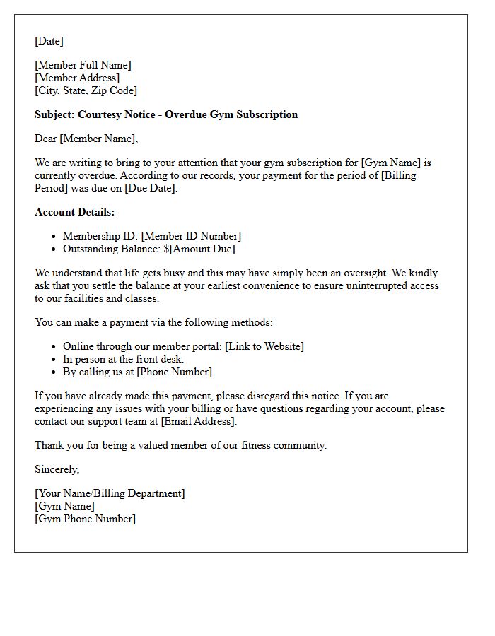 Courtesy Notice Letter for Overdue Gym Subscription