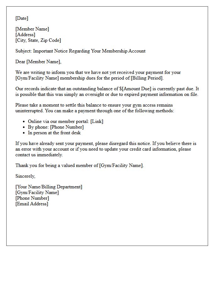 First Collection Attempt Letter for Fitness Facility Dues