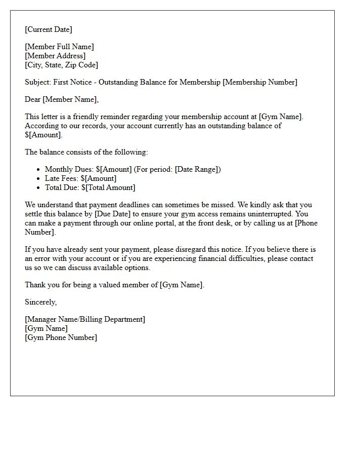 First Notice Letter Regarding Outstanding Gym Membership Balance