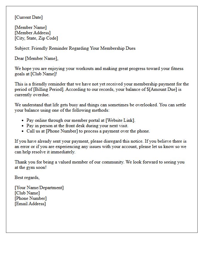 Friendly Reminder Letter for Overdue Fitness Club Dues