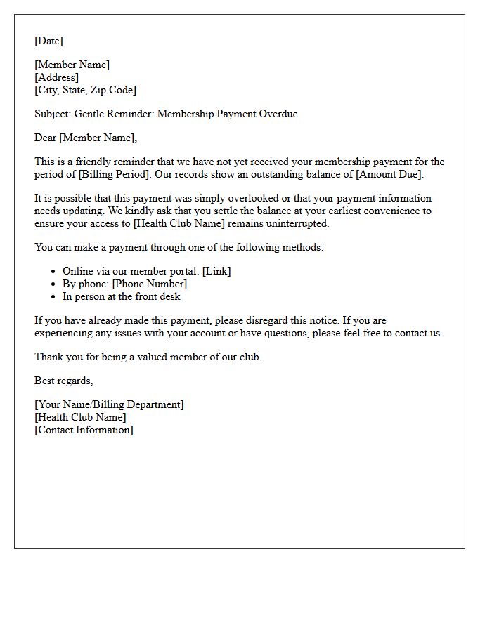 Gentle Reminder Letter for Missed Health Club Payment
