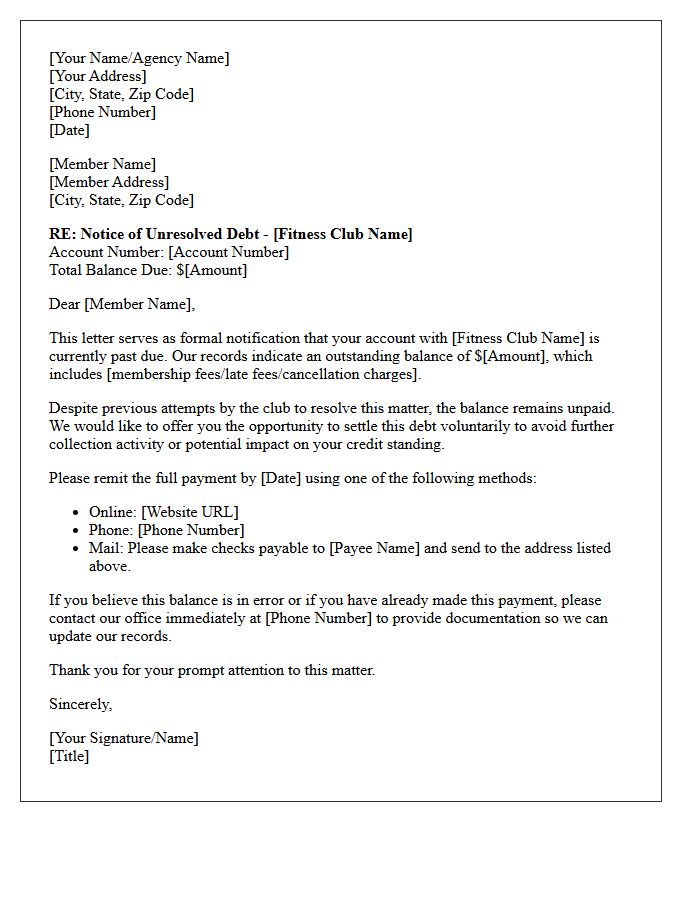 Initial Contact Letter for Unresolved Fitness Club Debt
