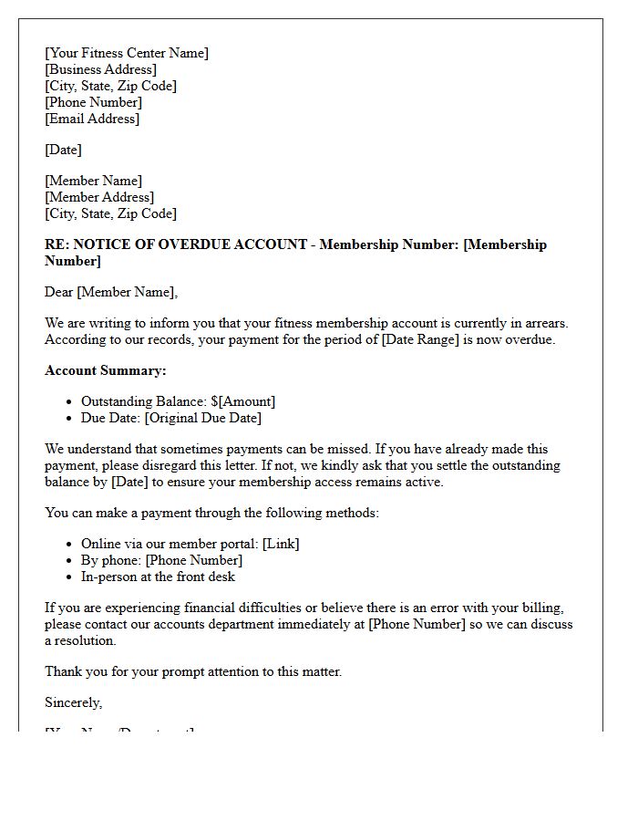 Initial Debt Collection Letter for Fitness Membership Arrears