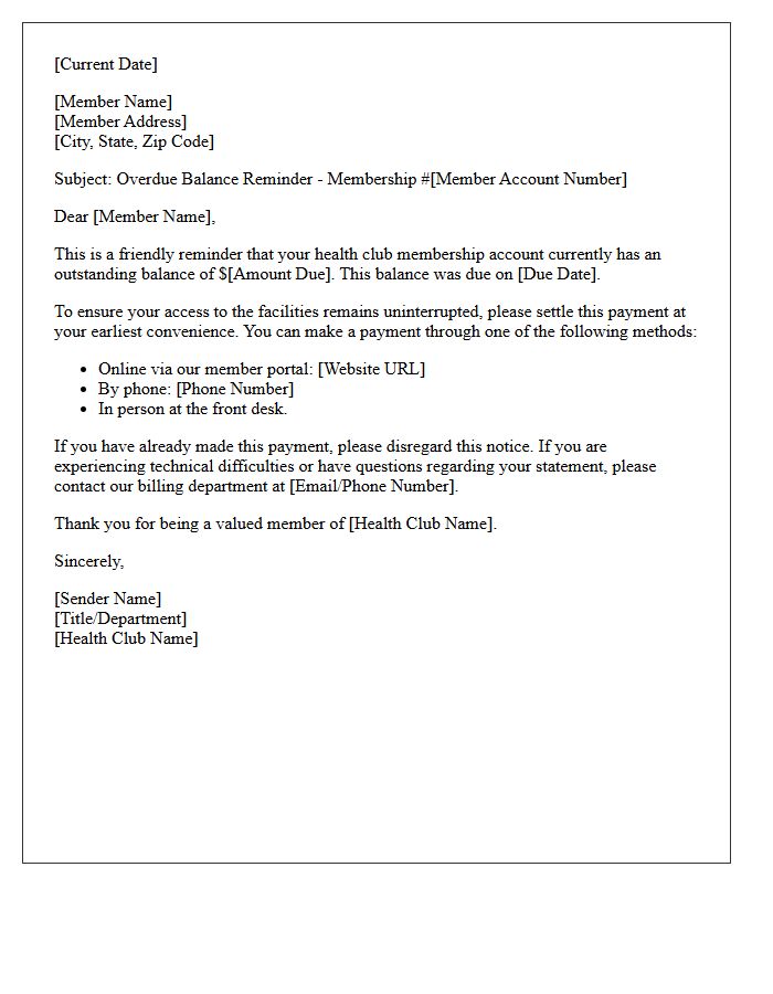 Overdue Balance Reminder Letter for Health Club Membership