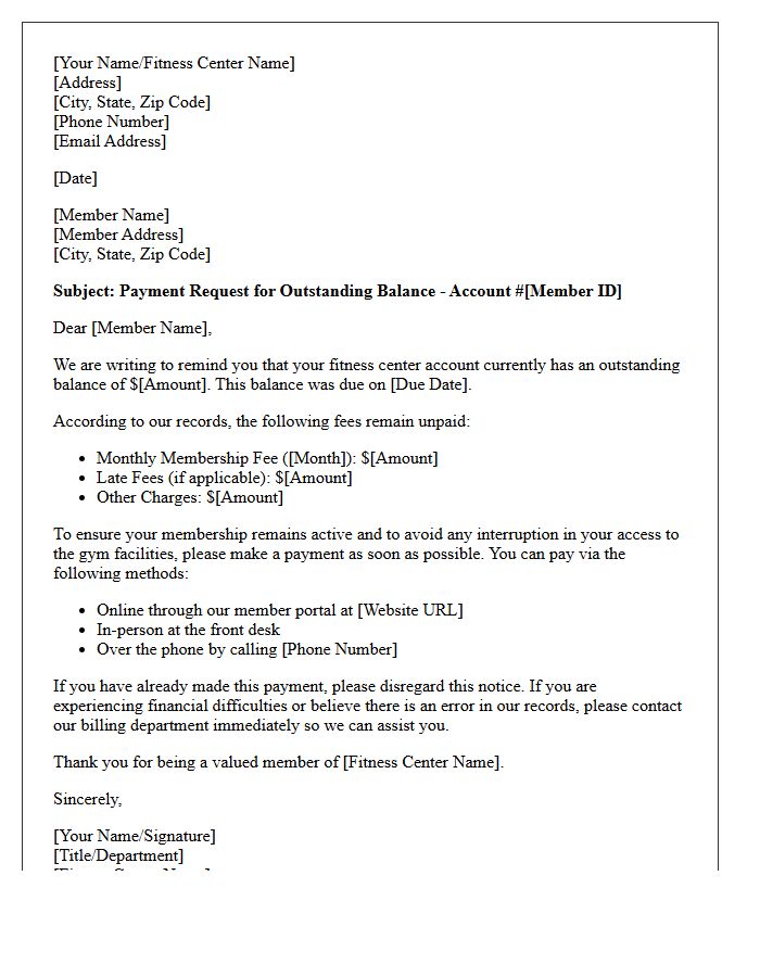 Payment Request Letter for Outstanding Fitness Center Balance