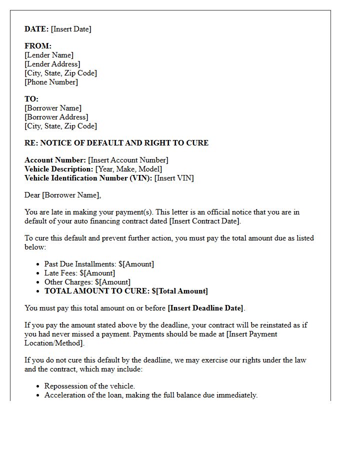 Auto Financing Contract Default Right To Cure Letter