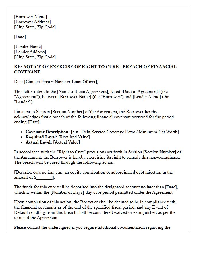 Breach Of Financial Covenant Right To Cure Letter