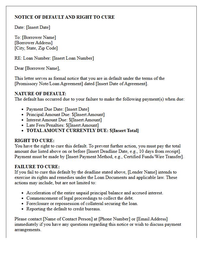 Commercial Loan Payment Default Right To Cure Letter