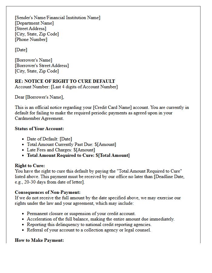 Credit Card Account Arrears Right To Cure Letter