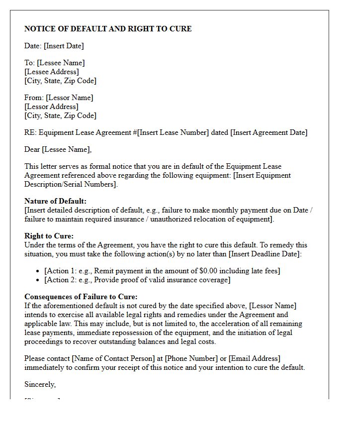Equipment Lease Agreement Default Right To Cure Letter