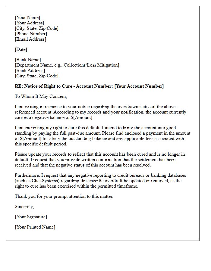 Overdraft Account Settlement Right To Cure Letter