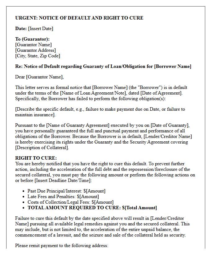 Secured Guaranty Default Right To Cure Notice Letter