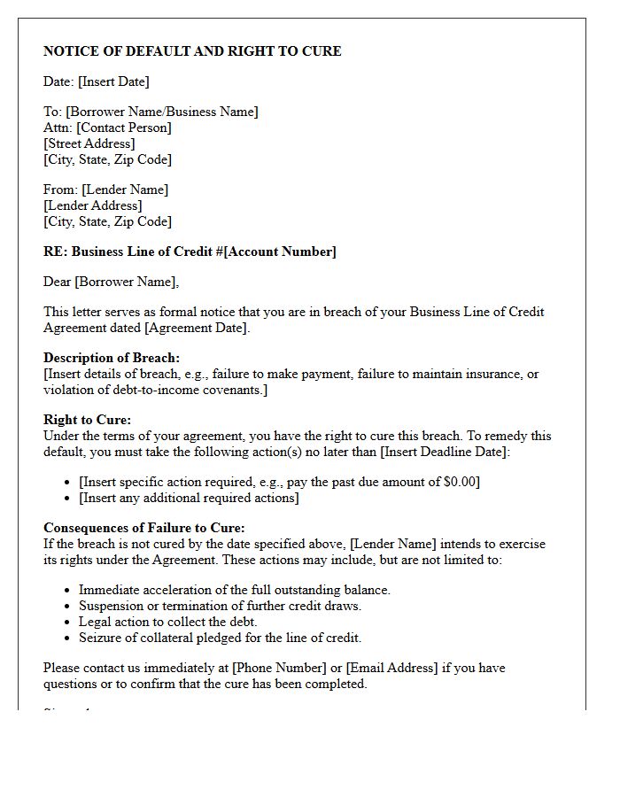 Small Business Line Of Credit Breach Right To Cure Letter