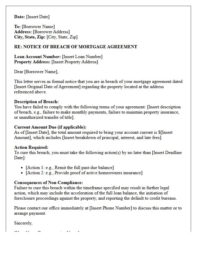 Breach of Mortgage Agreement Letter