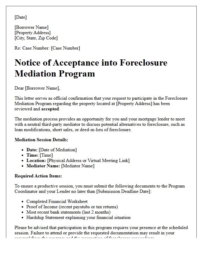Foreclosure Mediation Program Acceptance Confirmation Letter